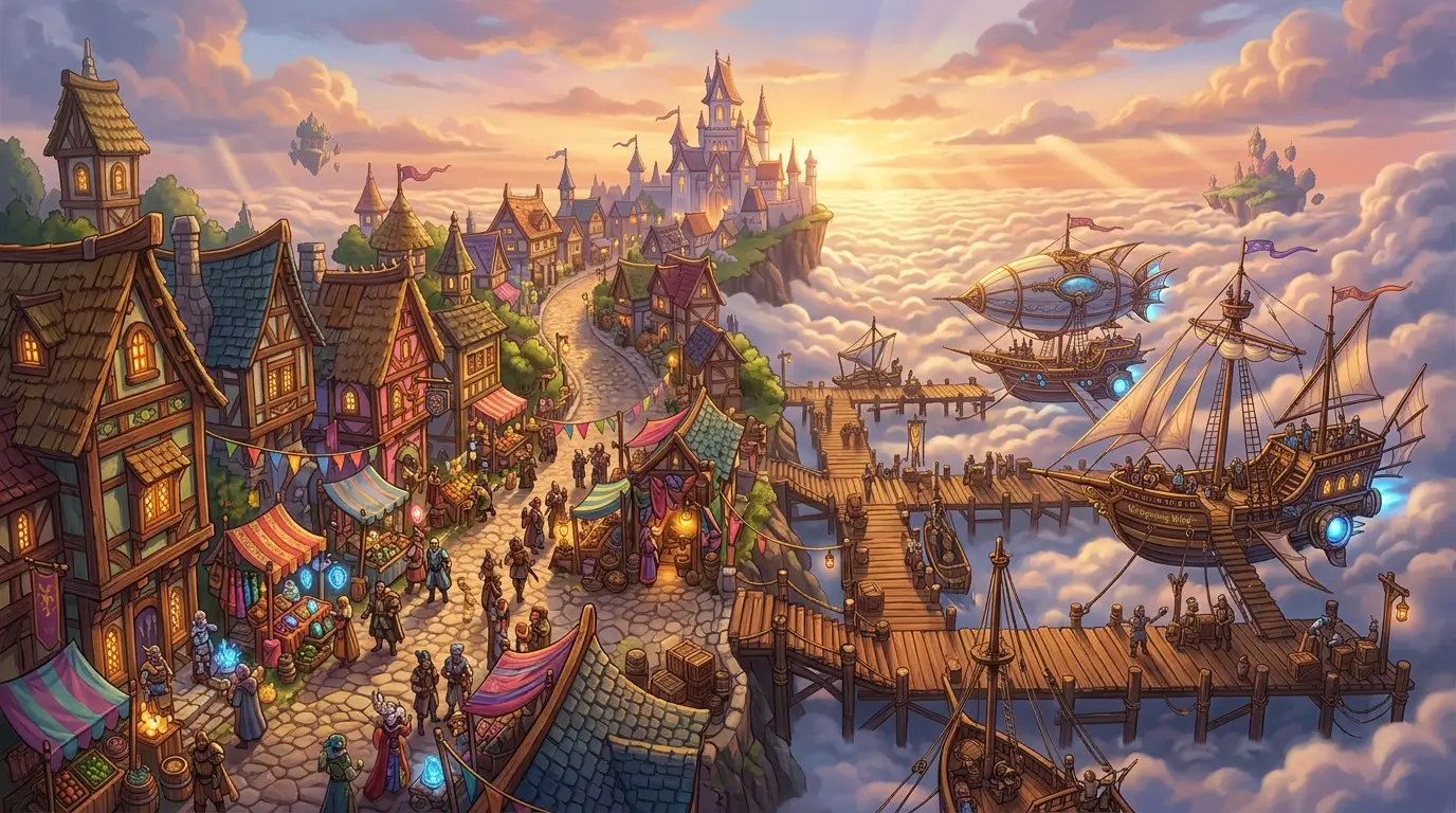 A floating island market at dusk